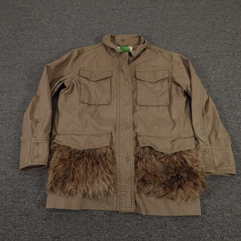 Anthropologie Saskia Utility Coat Womens Small Olive Green Faux Fur Pockets